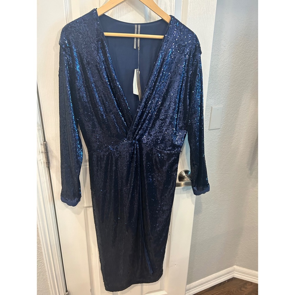 Anthropologie Sequin Midi‎ Dress Navy Blue Long Sleeve V-Neck Cocktail Party